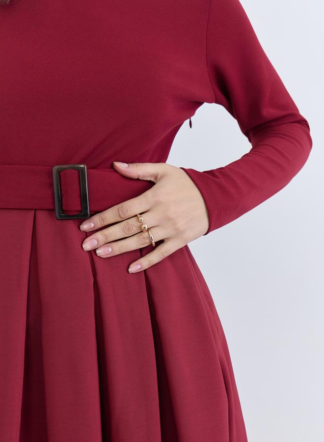 Styli Women Maroon Belted A-Line Midi Dress - Image 4